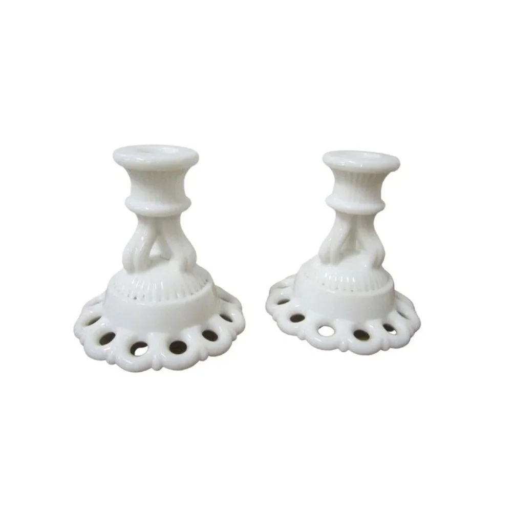Westmoreland Milk Glass Doric Lace Candle Holders by Westmoreland Glass 1960s